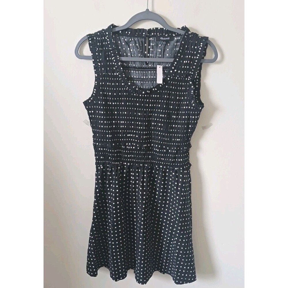 Madewell Smocked Sleeveless Mini Dress Black White Polka Dot Ruffle Size 2